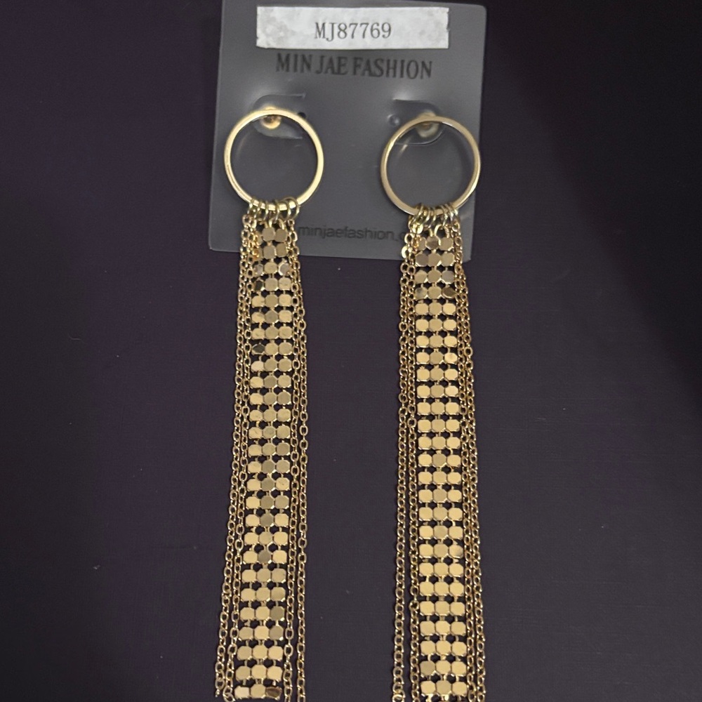 Minjae Fashion Gold Mesh Tassel Dangle Earrings | Long Statement Runway